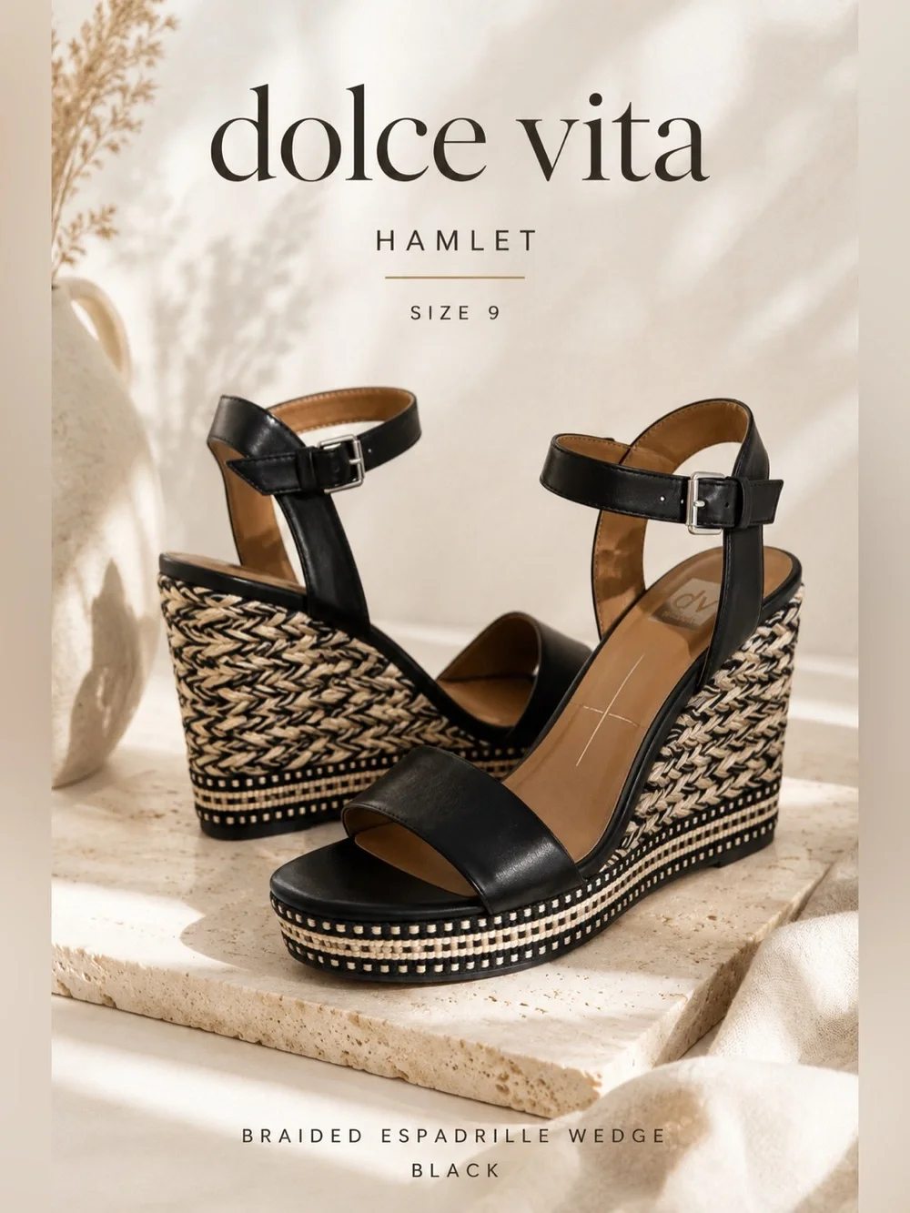 Dolce Vita Hamlet Braided Espadrille Platform Wedge Sandals Black Women’s Size 9